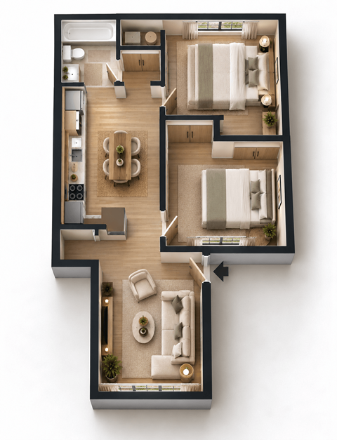 Floor plan for 2 beds, 1 bath, 850 sqft